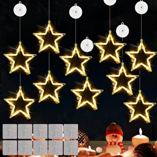 JEONDFG 10 Stück LED Sterne Weihnachtsbeleuchtung,Weihnachtsdeko Fenster,Fenster Weihnachtsbeleuchtung,LED Stern Lichter Fenster,Warmweiß Fenster Lichterkette Sterne Innen für Weihnachten Deko