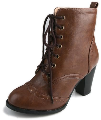 LarDorLin Cordoncino Brogue Stivaletti da Donna con Tacco Largo Punta Rotonda Inverno Esteriore Military Chunky Chukka Biker Polacchine Marrone Numero 52 EU (54 Cn)