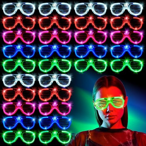 Neon LED Party Glasses – Light Up Glow Shutter Glasses for Graduation Party, Christmas & Birthday Parties, Flashing Disco Rave Sunglasses for Festival, Club, Bulk Wedding Party Favors (30 Pack)