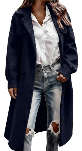 Trenchcoat Damen Elegant Mantel Wintermantel Lang Winterjacke Winter Jacke mit Reverskragen Casual Einfarbig Damenmantel Mittellanger Erbsenmantel Lange Herbst Frauenmantel Bequeme Übergangsmantel