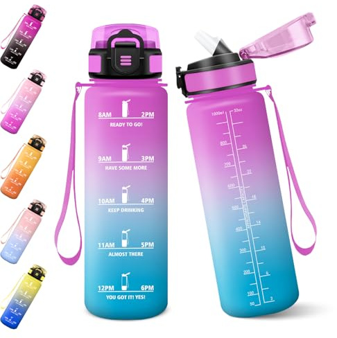 Baramumu Borraccia, 1000ML Senza BPA, Con Paglia, Borraccia Acqua, Bottiglia d'acqua Motivazionale con Indicatore del Tempo, Bottiglia con Cannuccia per Palestra - Rosa&Ciano