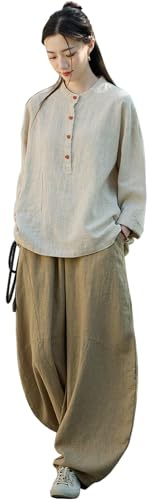 CHUIKUAJ Tenue de Tai Chi pour Femme, Tenue de Kung Fu Chinoise Rétro, en Coton et Lin, Haut à Manches Longues et Pantalon pour Exercices Matinaux et Méditation (Khaki, Onesize)