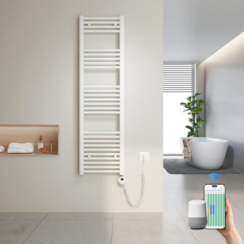 Heilmetz Sèche-Serviettes Électrique Intelligent 140x40cm avec WiFi, Thermostat Connecté et App, Radiateur Salle de Bain Blanc 500W, Contrôle par Tuya/Assistants Vocaux, 4 Modes
