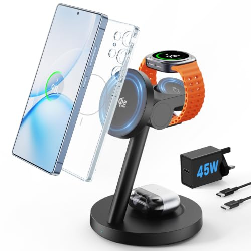 JoyGeek Qi2 25W 3 in 1 Magnetic Wireless Charger, Fast Charging Station for Samsung Galaxy S26/S25-S23/Z Fold/Z Flip, for Galaxy Watch Ultra/8/7/6/5 & Buds, Ideal for Office & Home, with 45W Adapter