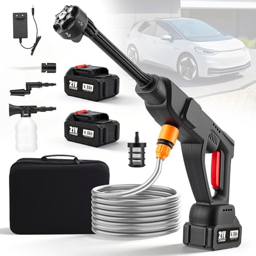 Akku Hochdruckreiniger, 1100 PSI 500L/h Druckreiniger mit 2×4.0Ah Akkus, 6-in-1 Drehbare Düse, Schaumsprüher, 5M Schlauch, Mobiler Hochdruckreiniger für Autos, Terrasse, Fenster, Garten