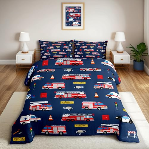 Homewish Cartoon Feuerwehrwagen Bettwäsche Feuerwehrauto Krankenwagen Polizeiauto Deckenbezug 135x200 Jungen Kinder Teenager Feuerwehrmann Bettbezug Thema Feuerwehr Brandschutz Bettset 2 Teilig