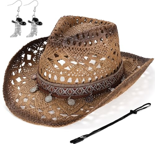 Geebuzz Straw Cowboy Hat for Women, Western Cowgirl Hats with Boot Earrings, Brim Summer Beach Hat (Brown-a)