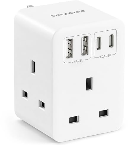 SURAIELEC Multi Plug Adaptor, 3 Way Multiplug Socket UK with 4 USB Ports | 13A/3250W Multi Socket Plug Extender for Home & Office, White Wall Outlet Adapter with Overload Protection, UKCA Certified