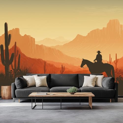 Retro Sunset Photo Wallpaper 500 x 280 cm Wall Mural, Desert Cowboy Cactus Photo Wallpaper Living Room Bedroom Theme Hotel Sofa TV Background Decor Papel Wall Mural
