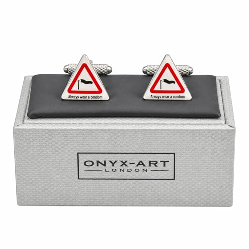 Always Wear a Condom Cufflinks Novelty Gift Funny Warning Sign Design for Stag Do, Bachelor Party, Onyx Art CK195, In Premier Life Store Box