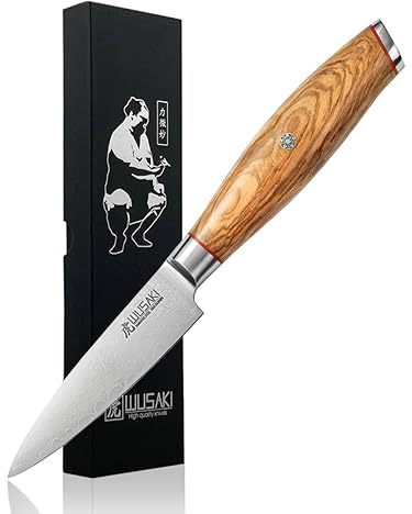 Wusaki Fujiko - Couteau d'office 9cm design japonais lame damas 10CR manche bois d'olivier - Vendu dans un coffret