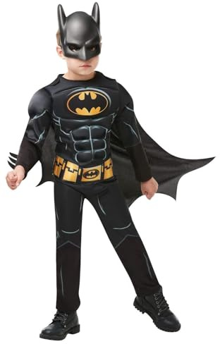 Rubies Disfraz Batman Black Core Deluxe para niño, con pecho musculoso de Lujo Oficial de Batman en color negro, capa removible y máscara para halloween, navidad, carnaval y cumpleaños