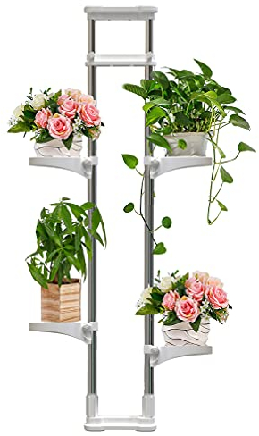 BAOYOUNI Portafiori Telescopico a Doppio Polo Supporto per Piante da Interno Davanzale 4 Ripiani Scaffale Espositore per Fiori in Metallo, Regolabile in Altezza 92 - 160cm, Avorio