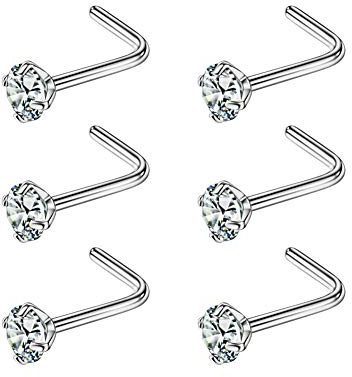 316L Surgical Steel Nose Studs L Shaped 6pcs Silver / Clear 3.0mm 20 Gauge