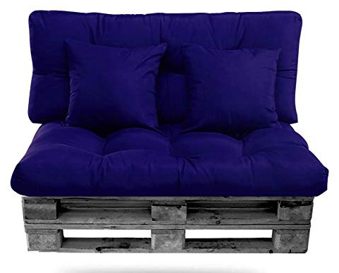 Cisne 2013, S.L. Pack de Cojines Palet (Asiento + Respaldo + 2 Cojines Decorativos) para europalets. Conjunto de Cojín para Palets. Ideal para terrazas, Jardines y Salones, Relleno de Calidad (Azul)