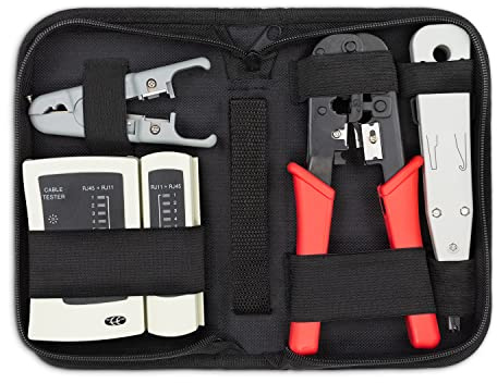 deleyCON Netzwerk Werkzeug Set Tasche RJ45, 4-teilig - Weiß Rot | Kabeltester, Crimpzange, LSA Auflegewerkzeug, Abisolierzange, IT Computer Netzwerk LAN CAT Werkzeug, RJ11 RJ12 RJ45