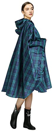 LAMA - Poncho antipioggia impermeabile, leggero, riutilizzabile, per escursionismo, con cappuccio e custodia per il trasporto, per attività all’aperto, per adulti, unisex, Plaid verde., Large/X-Large