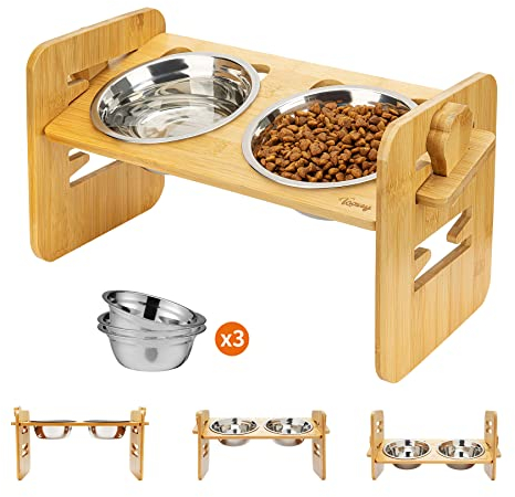 Toozey Hundenäpfe Erhöhte für kleine Hunde und Katzen, 6 Höhenverstellbar Erhöhte Hundenäpfe, Bambus Hunde Futterstation mit 3X 500ml Edelstahlnäpfen, 15° geneigt Katzennapf, rutschfeste Füße