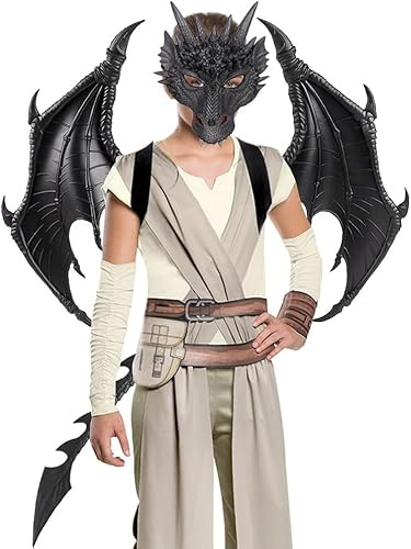 Yeeteesy Halloween Drachen Flügel Schwanz Masken Set, Maskerade Kostüm Cosplay Party Geschenk Requisiten für Kinder Jungen Mädchen und Erwachsene (Set-Schwarzer)