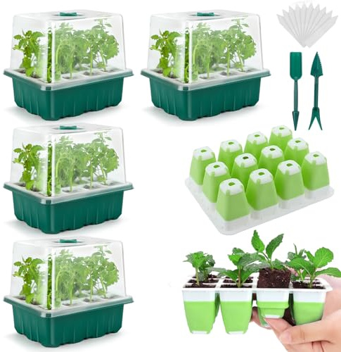 Seed Starter Tray, 48 Cells Indoor Seed Starter Kit, Flexible Silicone Designed Seedling Starter Trays, Germination Tray with Humidity Dome & Lids(4in Height), Reusable & Dishwasher Safe, BPA-FREE