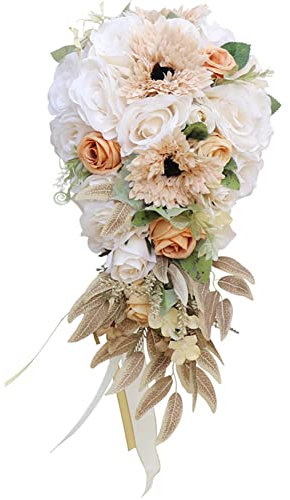 ISAKEN Brautstrauß Brautstrauss Hochzeit Wasserfall Hochzeitssträuße Künstliche Rose Blumen Bouquets Brautjungfer Halten Handgefertigte Blumen Mädchen Blumen Strauß für Haus Garten Party