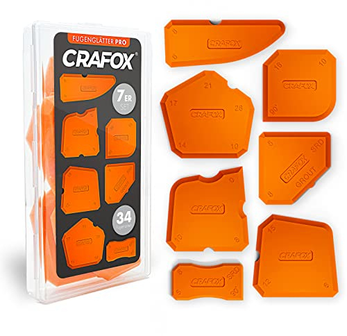 CRAFOX® Fugenglätter 7er SET ORANGE | Extra große Silikon Abzieher mit 34 Fugenformen | Fugenabzieher inkl. Aufbewahrungsbox | Acryl & Silikonabzieher | Glätter - Spachtel - Werkzeug für Fugen