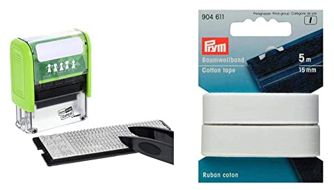 Trodat Deine Dinge Stempel Set zum Selbst Gestalten – 3 Zeilen, Deutsch, Selbstfärbend Waschmaschinenfest, 38 x 14 mm, Abdruck Schwarz & Prym 904611 Baumwollband 15 mm weiß, 100Prozent CO