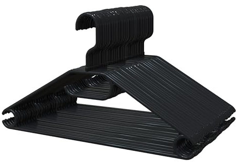 PORTENTUM Perchas de Plástico Reciclado 100%, Set de 30, Negro. para Todo Tipo de Ropa, Gancho Giratorio 360º, Ahorra Espacio, Soporte para Accesorios, Ganchos para Vestidos y Blusas, Made in Spain