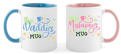 OM Print Hub Mummy and Daddy Coffee Mugs Gift Set, New Parents, Baby Shower, Mother's/Father’s Day Gift Christmas, Anniversary Day Presents, Mothers Fathers Cups Set 300ml/11oz (Design 3 - Colour)