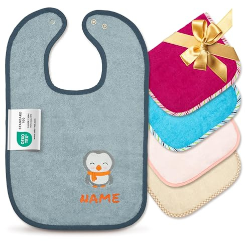 Baby Lätzchen mit Namen bestickt, OEKO-TEX® Standard 100 - Personalisiertes Sabberlätzchen aus reiner Baumwolle mit gesticktem Namen und Motiv