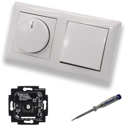 Busch Jäger 6523U-102 LED Drehdimmer Dimmer + Dimmerscheibe 2115-914 und Kreuzschalter 2000/7 US in Balance Si alpinweiß glänzend inklusive EBROM Phasenprüfer zur Montage der Geräte 6523 U – 102