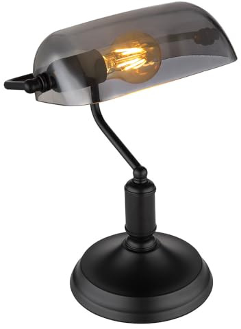 Schreibtischleuchte Bankerlampe Tischlampe schwarz Rauchglas Leseleuchte, 1x E27, LxH 25x32 cm