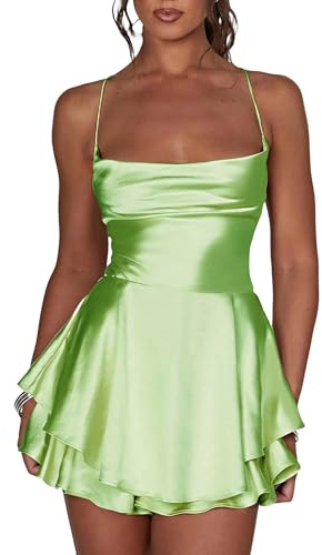 Damen rückenfreier kurzer Jumpsuit Satinkleid sexy Wasserfallausschnitt kurze Jumpsuits Bindeband Rüschenschicht Spaghettiträger Minikleid, A-light Grün, S