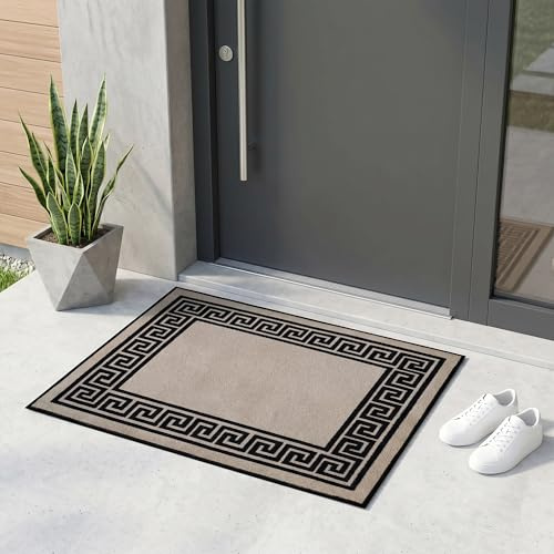 Fit Even Greeky Door Mat – Non-Slip Washable Doormat, Heavy Duty Welcome Dirt Trapper, Water Absorbent Floor Mat for Indoor/Outdoor Use, Front Entrance, and Kitchen (Beige & Black, 50x80 cm)