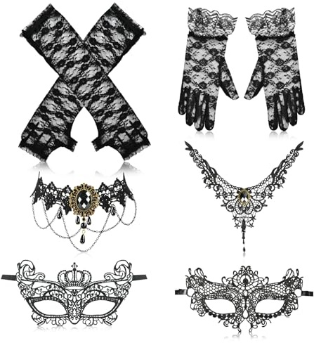 YUNHENTONG Halloween Spitzenmaske,Spitzenhandschuhe,Spitzenmaske,Damen Spitze Augenmaske Kit 6 Stück,Katzenkostüm Damen, Halloween Karneval Kostüm Damen