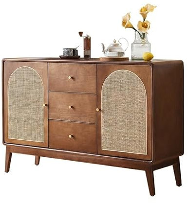 CCKUHN Sideboard, Rattan-Sideboard aus Massivholz, für Zuhause, Wohnzimmer, Lagerschrank, Restaurant, Doppeltür-Spind mit Schublade, Sideboard, Lagerschrank (braun)