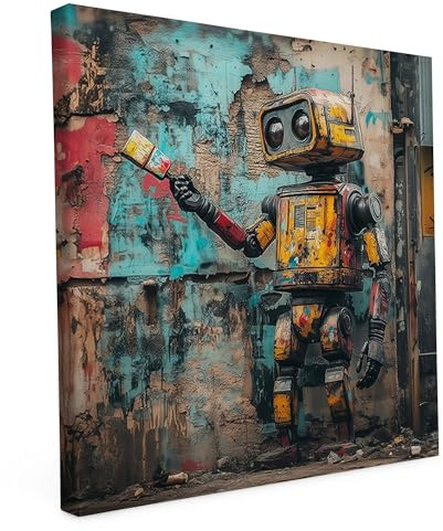 Banksy Leinwand Keilrahmen Robokunst 40x40cm - Street Art - Wandbild | Banksy Wandbild auf Leinwand, 40x40cm, Motiv Robokunst, Quadratisch, Street Art, 2cm Holzrahmen, matter Kunstdruck