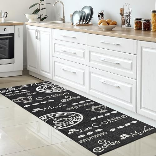 CARPETIA Teppich Wohnzimmer Flur Läufer Eingangsbereich Gang Küche Küchenteppich strapazierfähig langlebig Saugrobotergeeignet mit modernem Coffee-Muster in Weiß Schwarz, 80 x 300 cm
