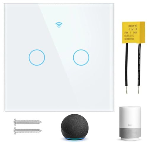 2 Pack Smart Light Switches, WiFi Touch Switch with Tempered Glass Panel, Multi-Way Control via Mobile App Voice Control, Two-Gang Single Control WiFi Switch with Capacitor and Screws (White)