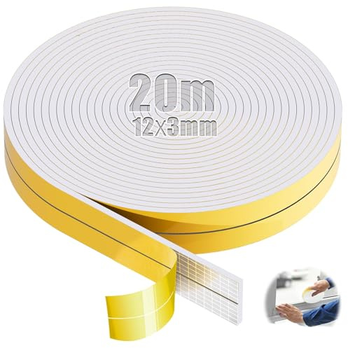 SWTYExt Moosgummi Selbstklebend 12mm(B) x3mm(D) Schaumstoffband 20m Weiß | Vorlegeband, Dichtband, Türdichtung, Dichtungsband, für Fensterfugen, Schranktürkanten, Kochfelder