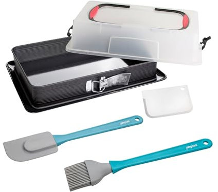 Zenker Set de Repostería, incluye Molde de Hornear Rectangular Desmontable con Tapa 43x29x10 cm, Espátula de Silicona y Pincel de Silicona Brocha 5 cm, Juego de Repostería para Tartas y Bizcochos
