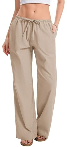 Rapbin Pantaloni estivi da donna, in mussola, lunghi, leggeri, da palazzo, eleganti, per il tempo libero, 2025, cachi, XL