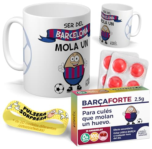 Kit regalo personalizado para aficionados del barcelona | Taza Ser del Barcelona mola un huevo + Caramelos divertidos + Pulsera sorpresa | Regalo futbol, divertido y original para cumpleaños, navidad.