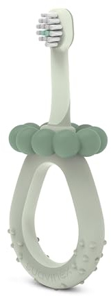 Suavinex, Spazzolino da denti per bambini da 0 a 2 anni, setole super morbide, ideale per gengive sensibili, manico ergonomico, testurizzato e antiscivolo, tappo di sicurezza, pulisci lingua, verde