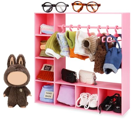 Doll Clothes Closet/Wardrobe Large Plus 10 Hangers, Doll Accessories Display Box, Clothes Storage for Figures, Portable Storage for Fashion Doll Clothes, Gift (Pink)
