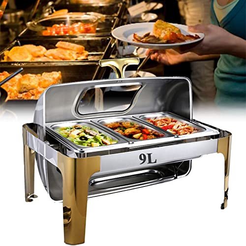 FBHappiness Catering Insulation Trayelectric Chafing Dish Buffet Warmer With Rolling Top - Food Warmer Buffet Server With Glass Lids Catering For Parties,Full Pan-13L,1/3 Pan9L