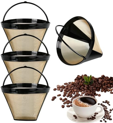 4-Teiliger Kaffeefilter Edelstahl, Kaffeefilter Wiederverwendbar, Hochdichter Edelstahlfilter, Wiederverwendbar, mit Griff, Einfach zu Bedienen (Gold)