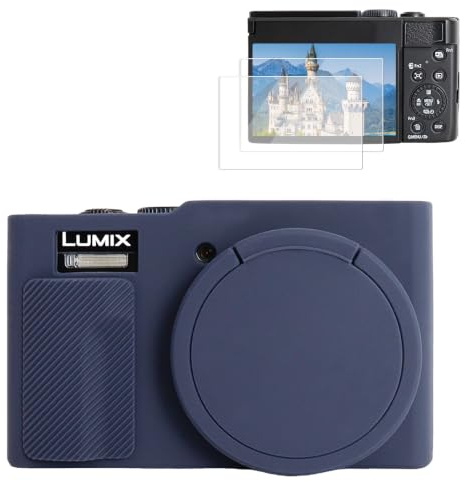Rieibi Funda de Silicona para Cámara Panasonic Lumix ZS99/TZ99, Accesorios para Panasonic Lumix ZS99/TZ99 Funda Incluyendo 2 Piezas de Protector de Pantalla, Tapa de Lente Desmontable, Azul Marino