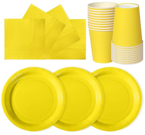 hailstones Yellow Disposable Party Paper Plates Set Tableware Supplies - 24 Pack of 7 Inch Plates, Cups & Napkins for Kids Birthday Decorations Christening Wedding Shower