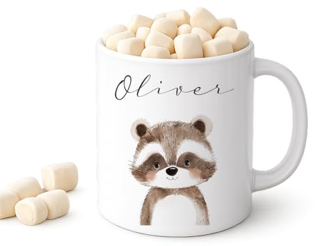 Manufaktur Liebevoll Personalisierte Kindertasse mit Namen Waschbär – Keramik Kinderbecher 330 ml mit niedlichem Waldtier Motiv Geschenk zur Geburt Taufe oder Geburtstag